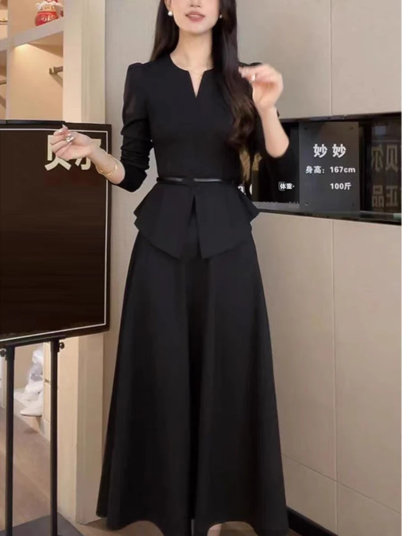 黑色大码连衣裙赫本风贵气收腰显瘦上衣＋气质半身裙高级感套装