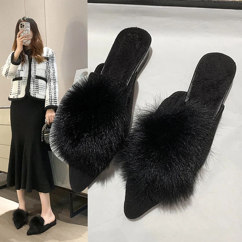 法式尖头毛毛拖鞋女外穿2024年秋季新款气质小跟鞋包头穆勒半拖鞋