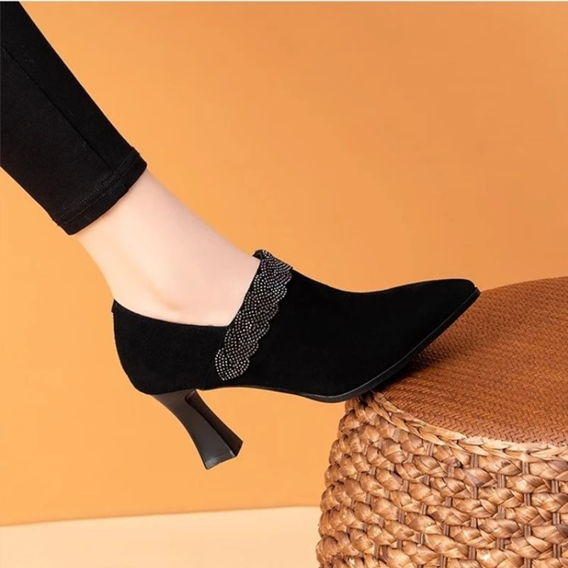 磨砂皮粗跟高跟鞋女2024新款秋季深口单鞋女春秋中跟软皮皮鞋秋冬