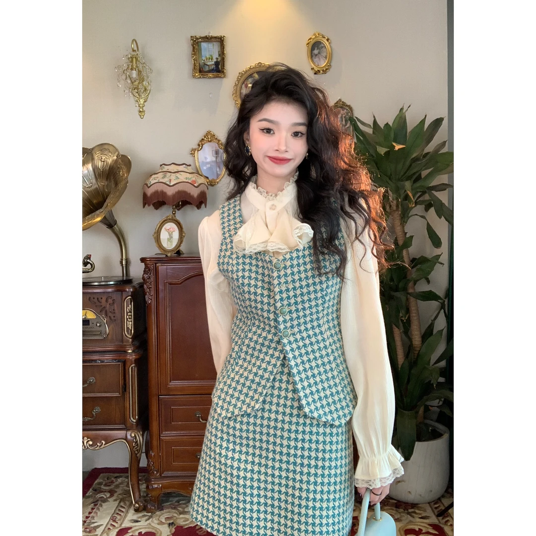 欣子野【私服】早秋新款复古港味碎花别致千鸟格马甲套装女 xz5508Q