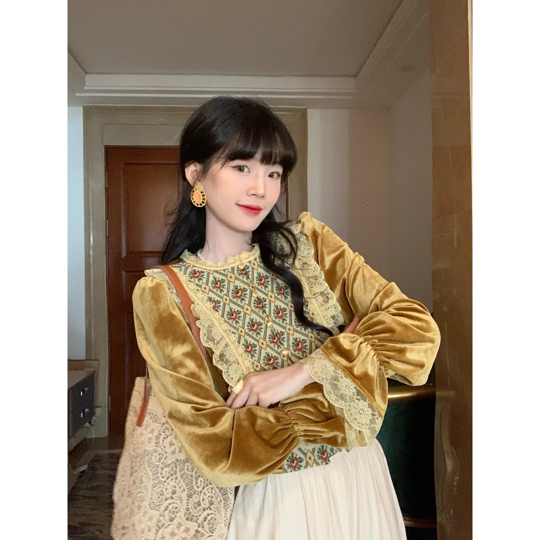 欣子野【花竺】秋季小众设计拼接复古圆领拼接女长袖衬衫 xz5638H