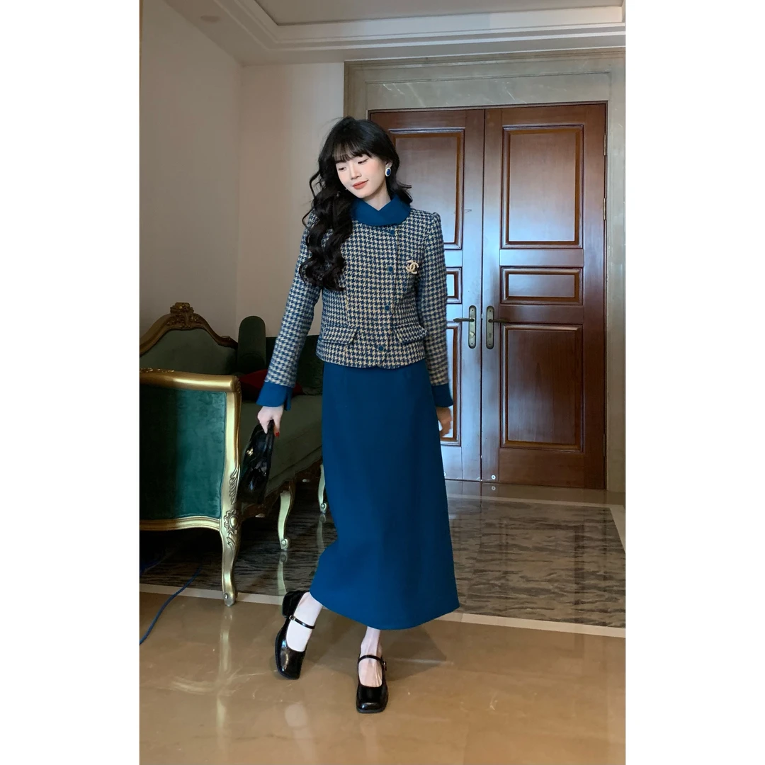 欣子野【鎏金世家】秋冬显瘦百搭千鸟格拼接女百搭半身裙 xz8182W-B