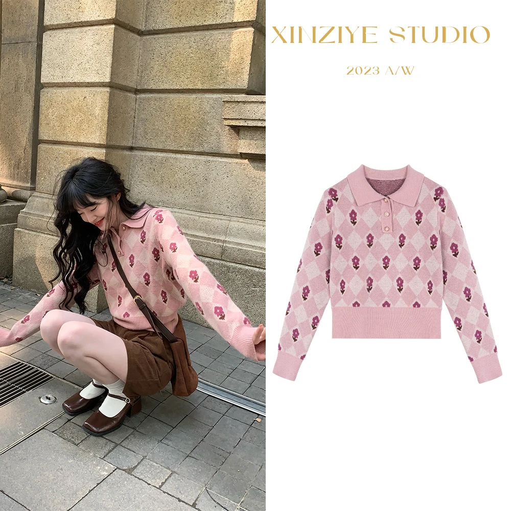 欣子野【永远十六】秋冬百搭拼接粉色polo领学院风女毛衣 xz6632Q