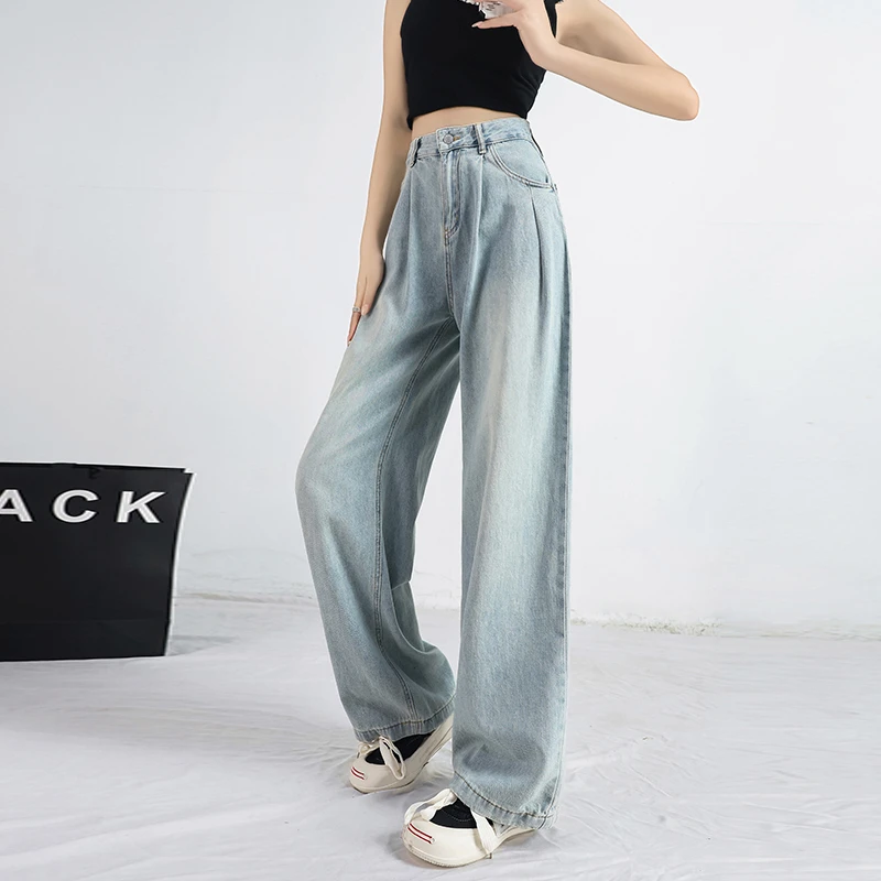 2024韩版新款牛仔阔腿裤女高腰宽松显瘦褶皱设计感直筒拖地裤