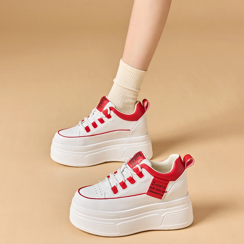 内增高8cm全皮小白鞋2024春秋新款松糕厚底休闲运动红色单鞋女鞋