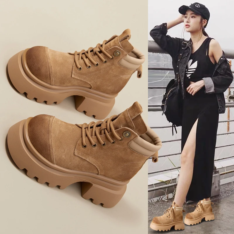 厚底7cm马丁靴女2024秋冬新款软皮软底复古女短靴磨砂工装靴