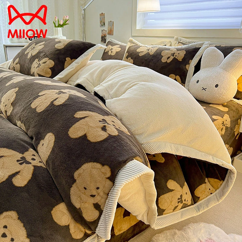 猫人加厚牛奶绒床上四件套冬季法兰珊瑚绒保暖床品床单被套三件套
