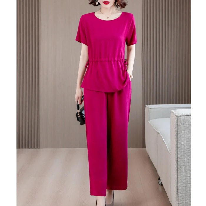 绵绸阔腿套装时尚外穿夏季两件套洋气收腰大码抽绳九分裤中年韩版