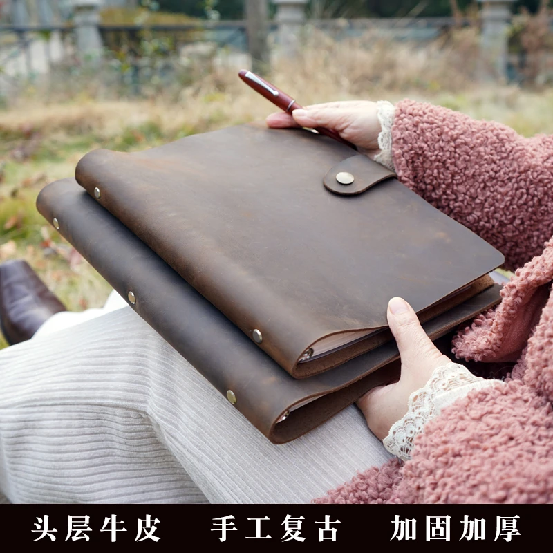 加大加厚疯马皮复古头层牛皮B5笔记本26孔带纽扣真皮素描本可定制