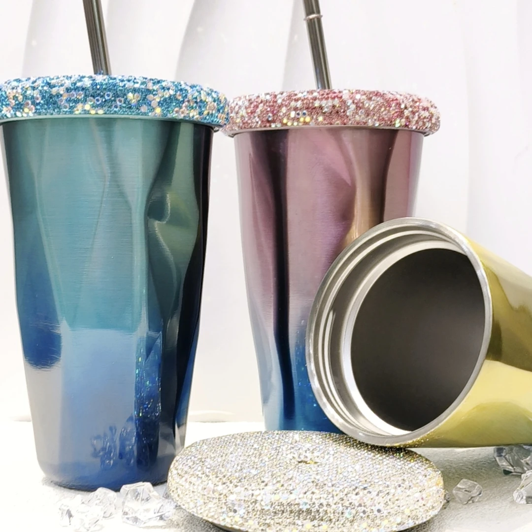 新款做304双层不锈钢冰霸杯棱形渐变色吸管杯水杯子冰杯汽车钻