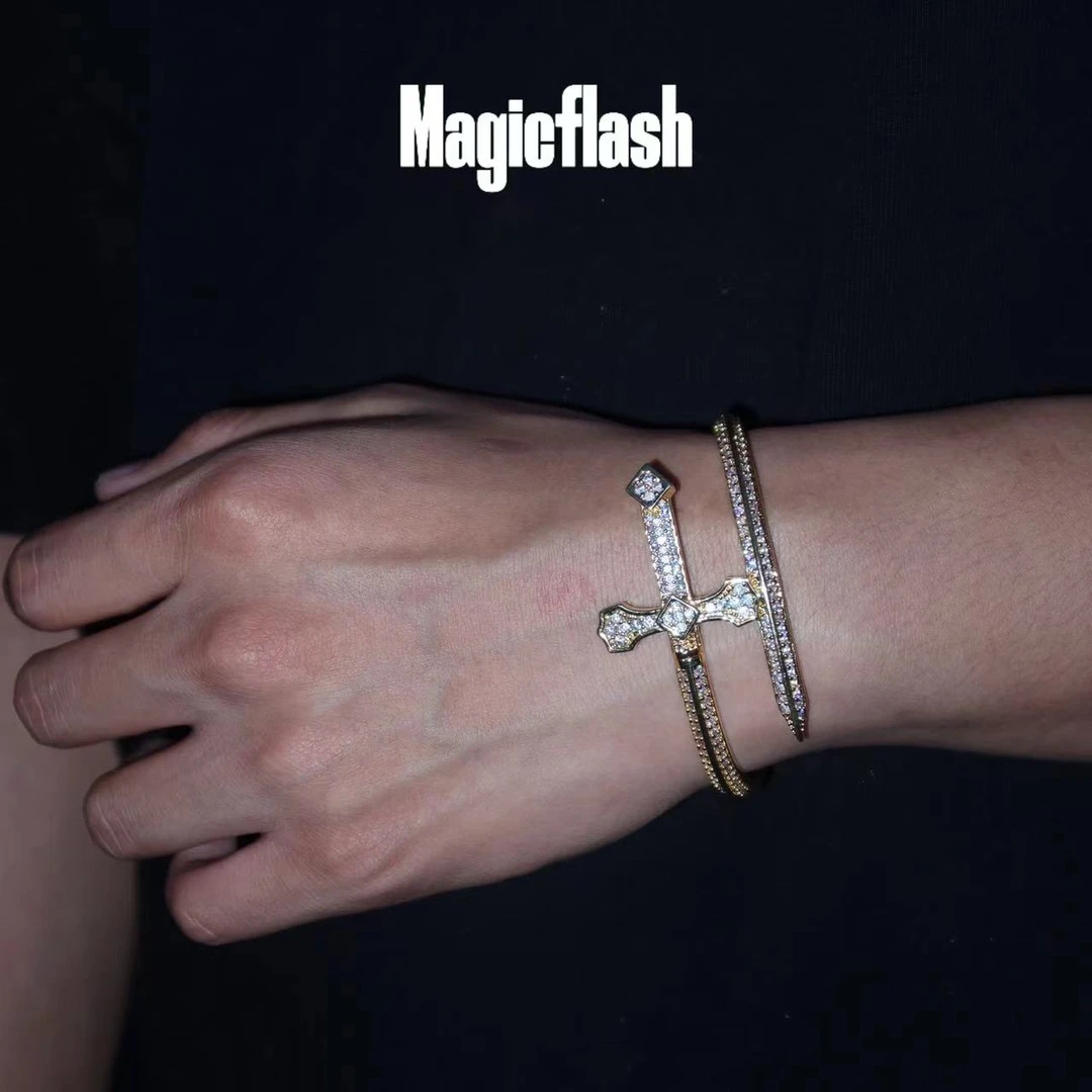 钛钢手镯 magicflash魔闪欧美满钻和平之剑手镯高级手链原创男生