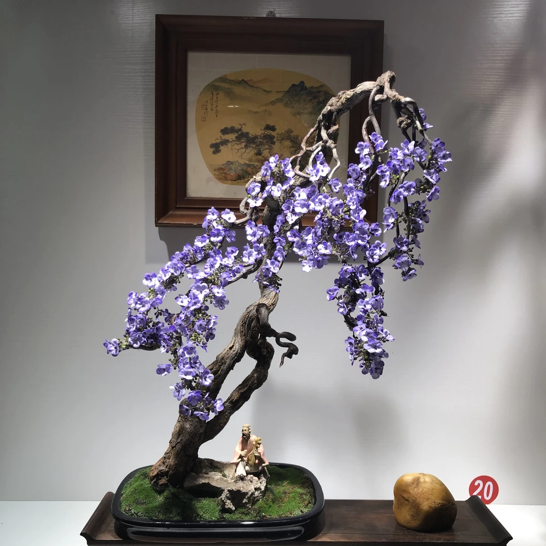 斜飘紫藤花艺术品 真根仿真叶手工懒人根艺盆景 居家办公室商用