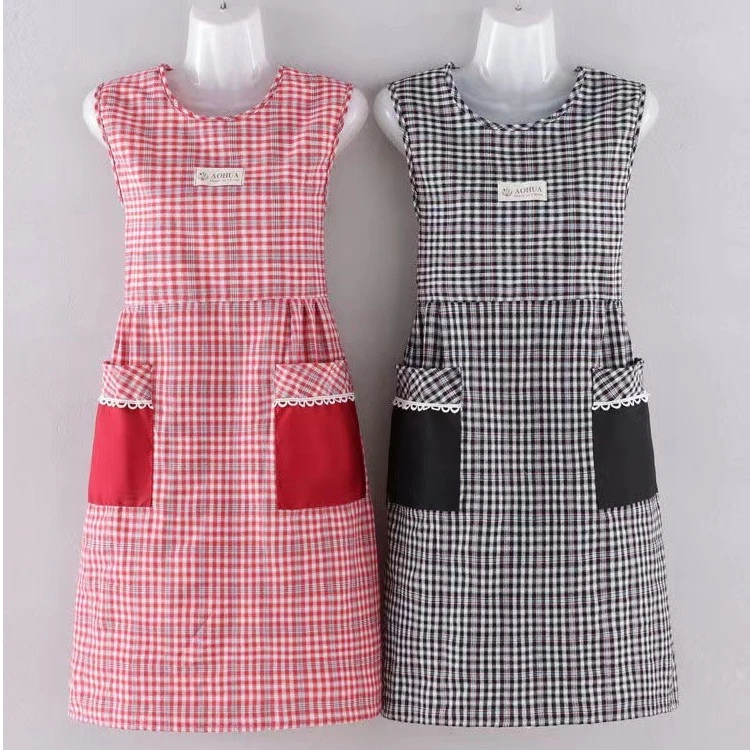 洋气围裙坎肩式夏天薄款透气无袖围腰工作服耐脏防污格子简约003