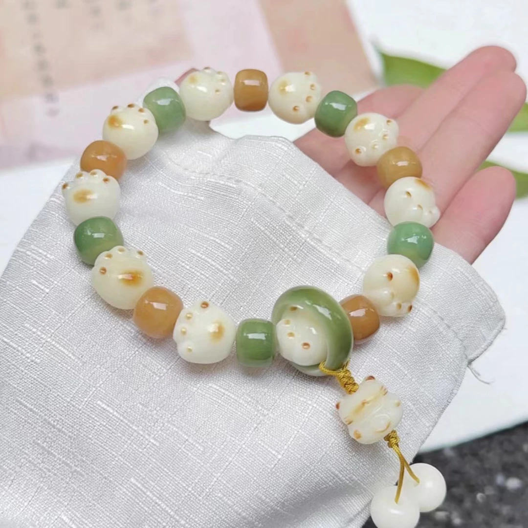 A002大麦 炭烧猫爪猫咪/菩提根手链女天然白玉菩提子手捻解压手串
