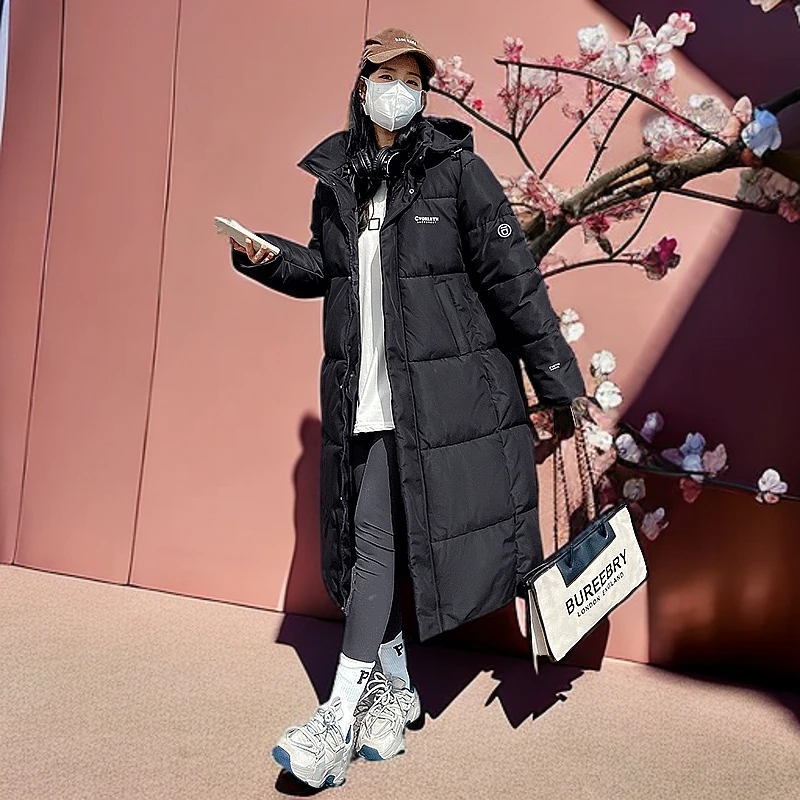 女款长款过膝加厚棉服冬季保暖外套宽松连帽棉衣