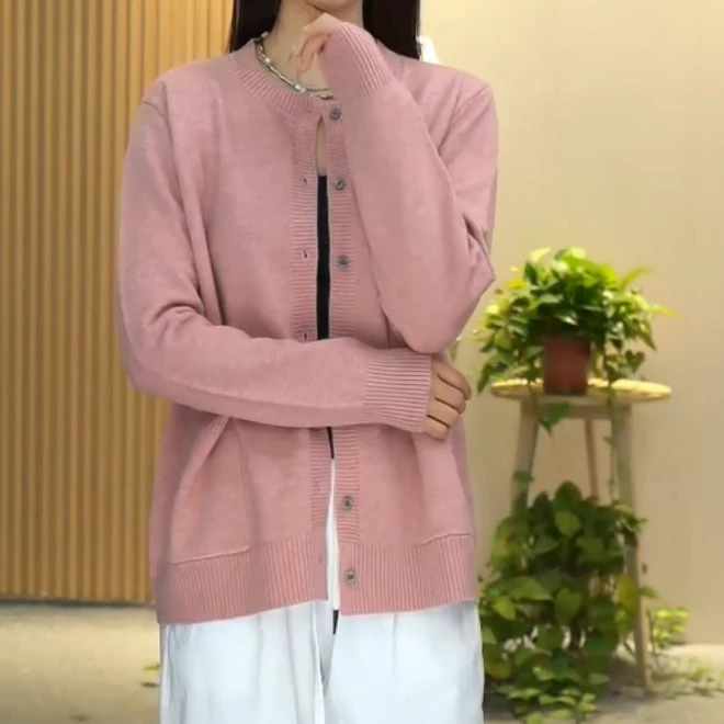 【百羊车】秋冬新款时尚百搭宽松纯色圆领长袖气质羊毛针织开衫