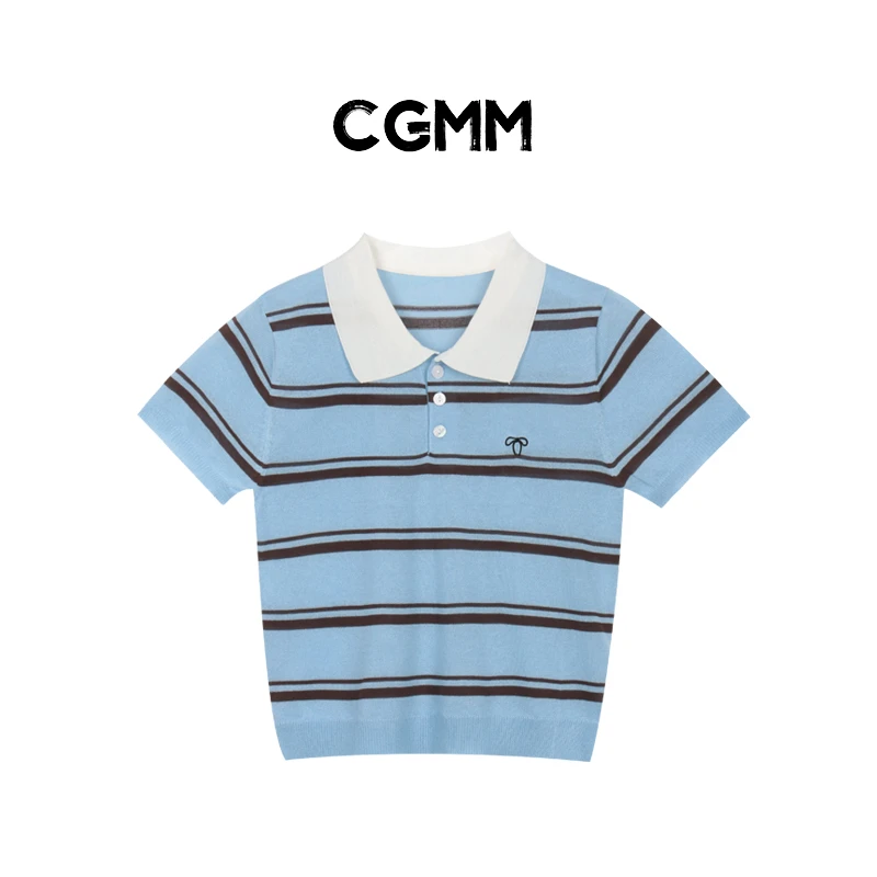 CGMM/橱柜密码夏季新款时尚撞色正肩条纹毛衣修身短袖DSOMB107