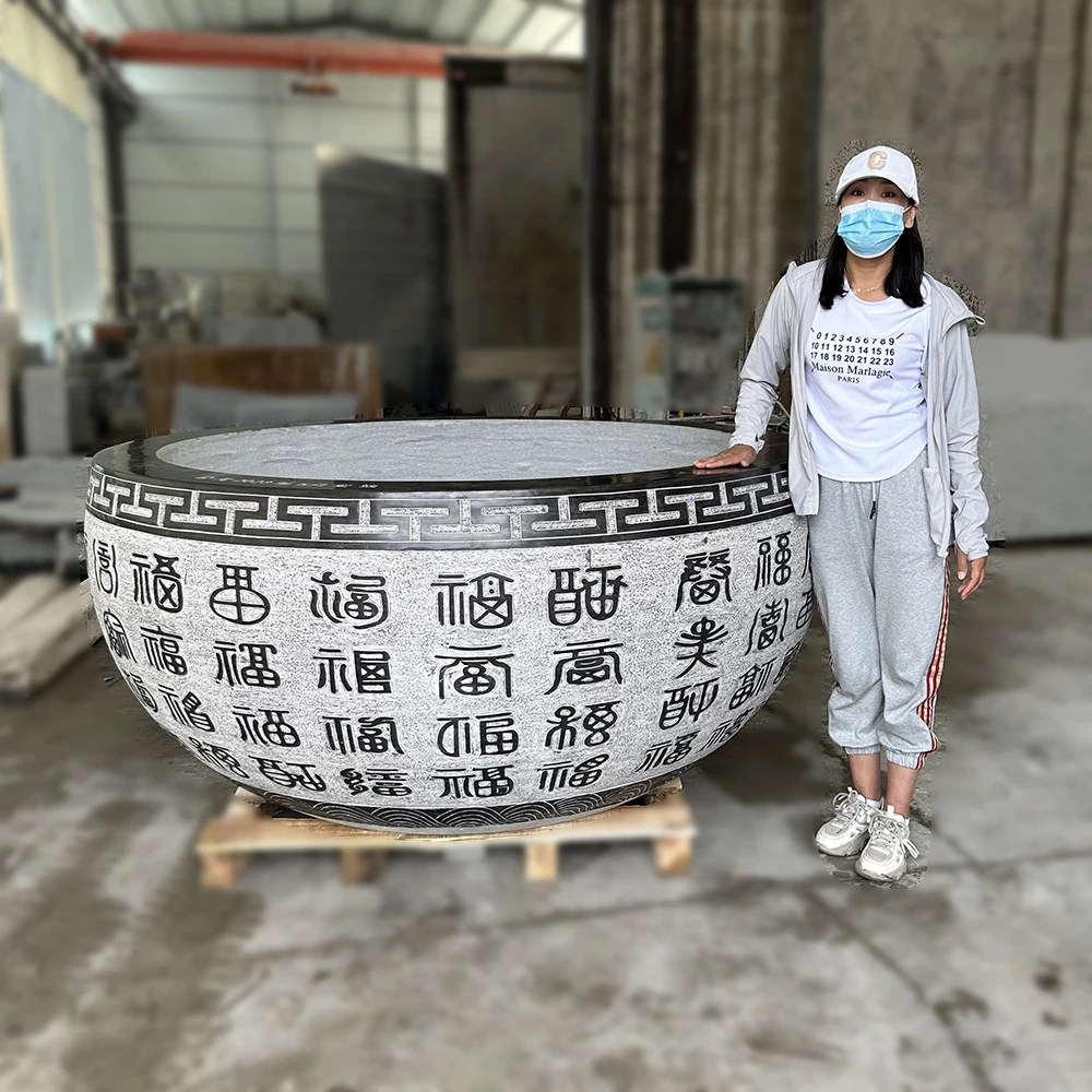 复古石雕鱼缸大型石头水缸家用手工黑色圆形石缸中式青石仿古雕刻