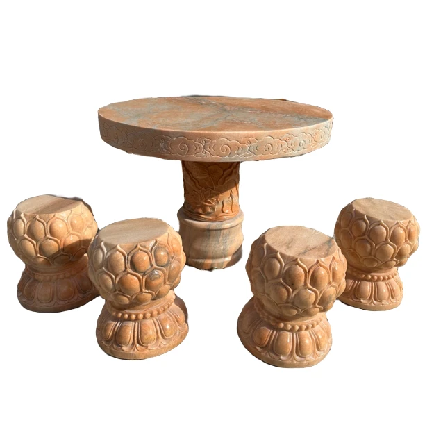 石雕石桌石凳晚霞红大理石户外休闲别墅庭院石头桌子摆件雕刻基础