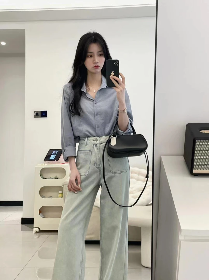 【问竹】韩系休闲气质长袖衬衫女百搭2024新款设计感港风搭配牛仔裤