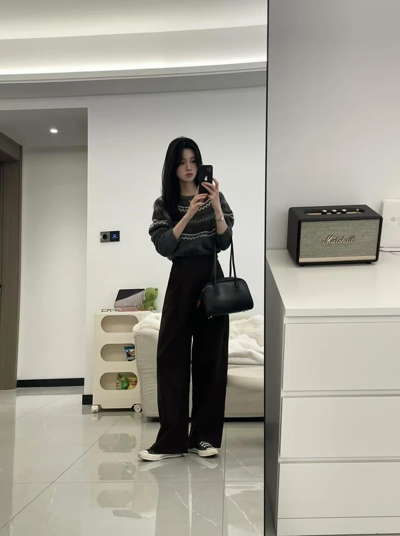 【千寻】秋冬韩系设计费尔岛毛衣针织搭配黑色休闲西装裤套装