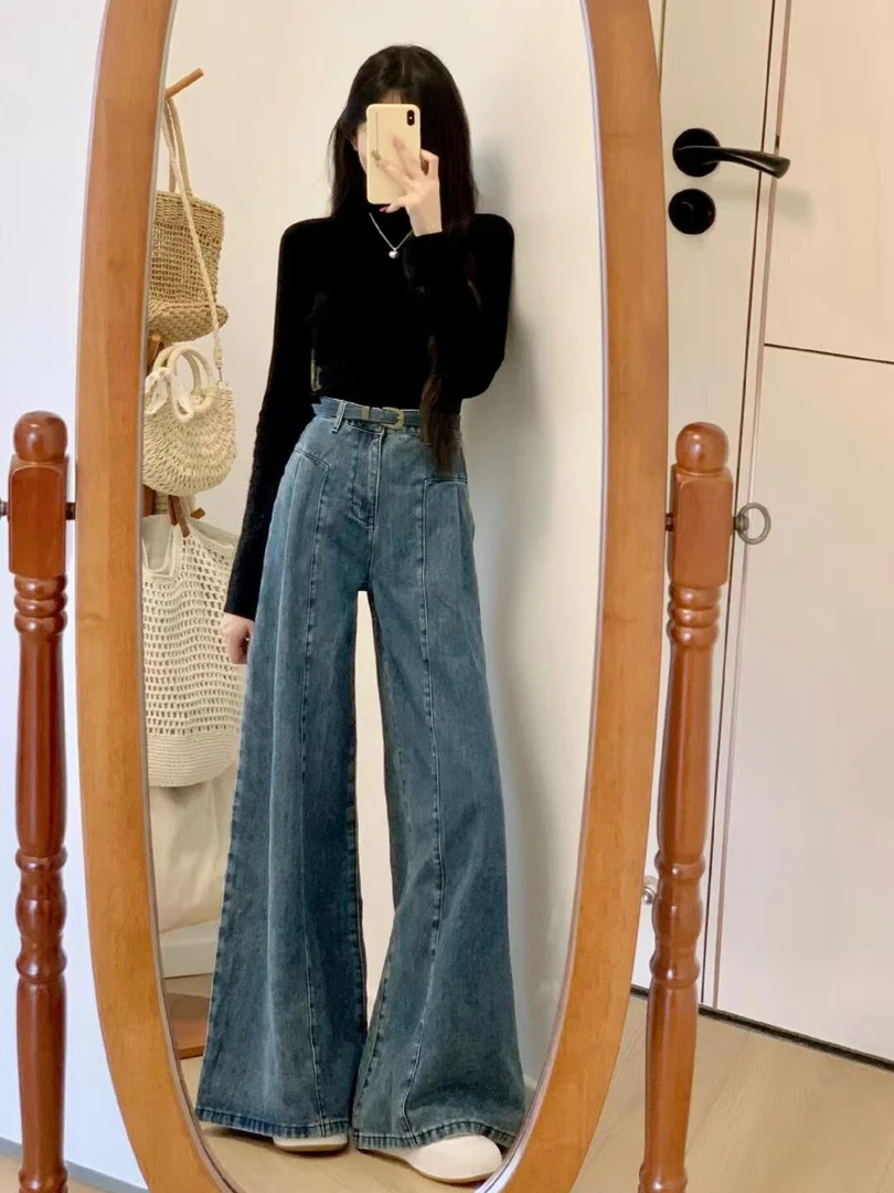 【朝朝暮暮】秋冬气质黑色针织上衣搭配高腰气质高腰复古牛仔裤套装