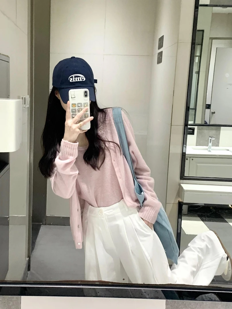 【mi桃】秋季温柔气质风淡粉色针织开衫吊带毛衣上衣白色西装裤套装