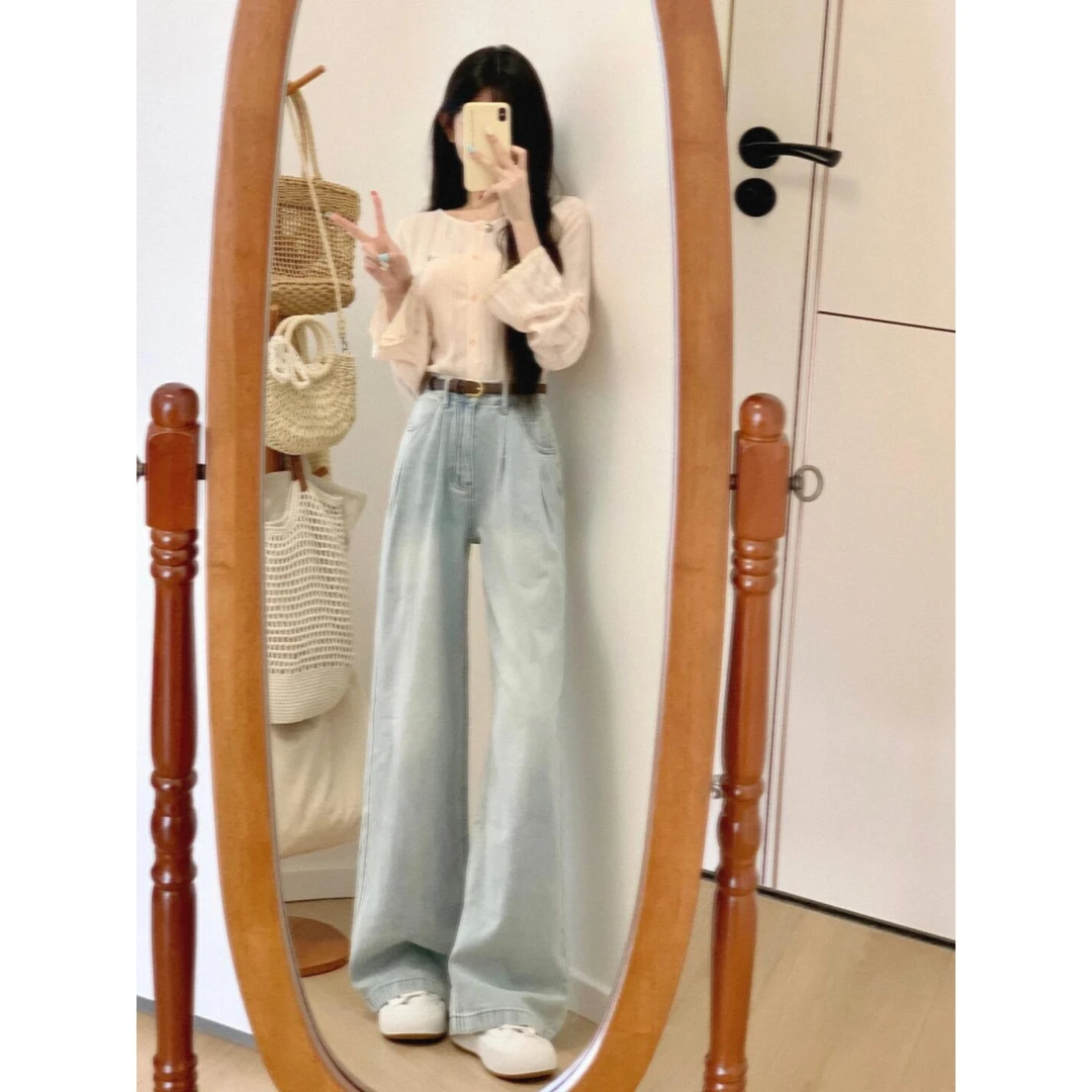 【布丁奶糕】气质温柔白色衬衫蓝色牛仔裤气质高级感短款休闲两件套