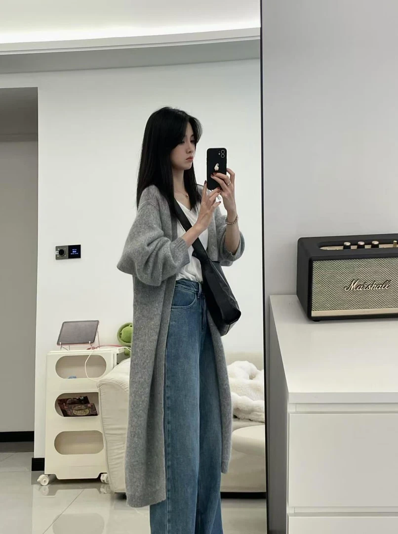 【加州周末】慵懒中长款针织开衫韩版宽松过膝灰色加厚毛衣搭牛仔裤