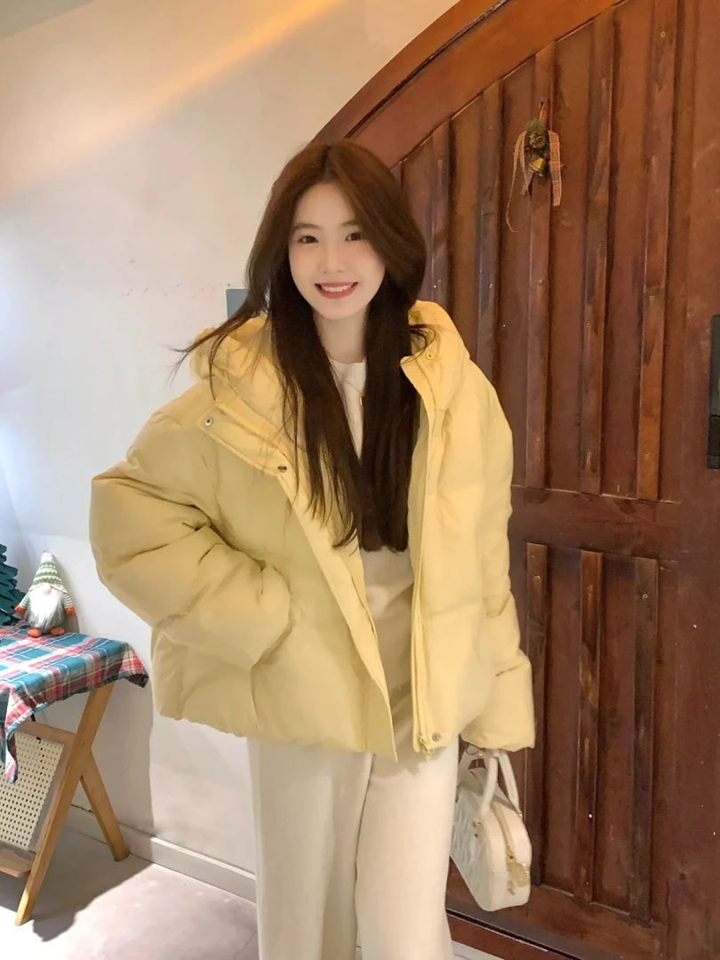 【芝士奶黄】短款棉服宽松冬季棉袄可爱连帽外套+百搭米白色糯米裤
