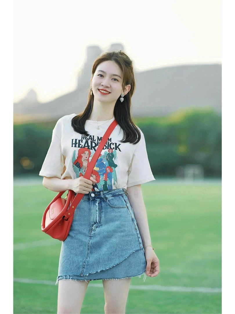 【清梦】0715印花短袖T恤女夏新款宽松小个子上衣不规则牛仔半裙