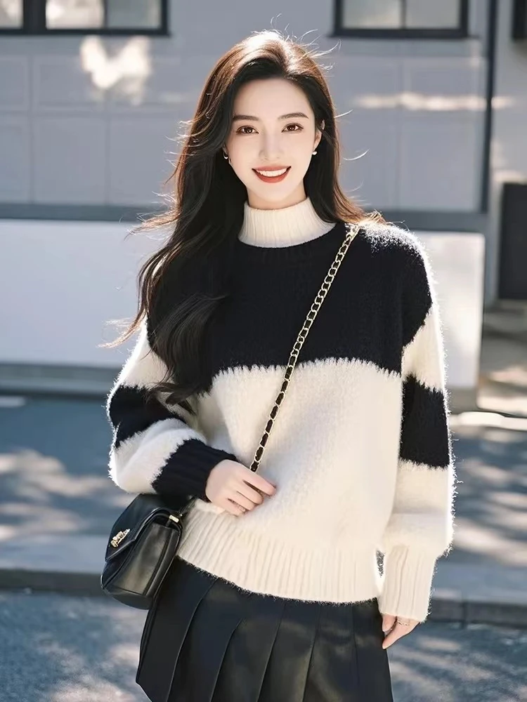 【沐光】秋冬气质韩系拼色毛针织上衣毛衣时尚百搭气质优雅款