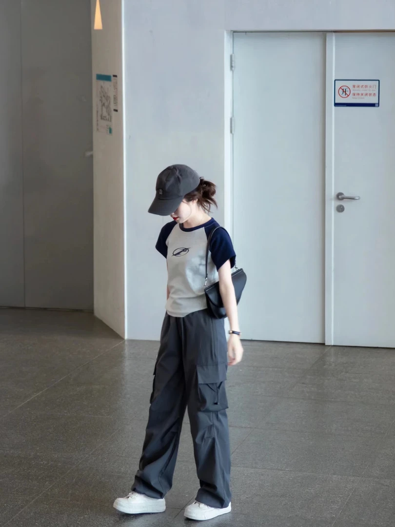 【C位LOOK】美式撞色插肩袖圆领女夏修身T恤宽松工装裤潮流休闲套装