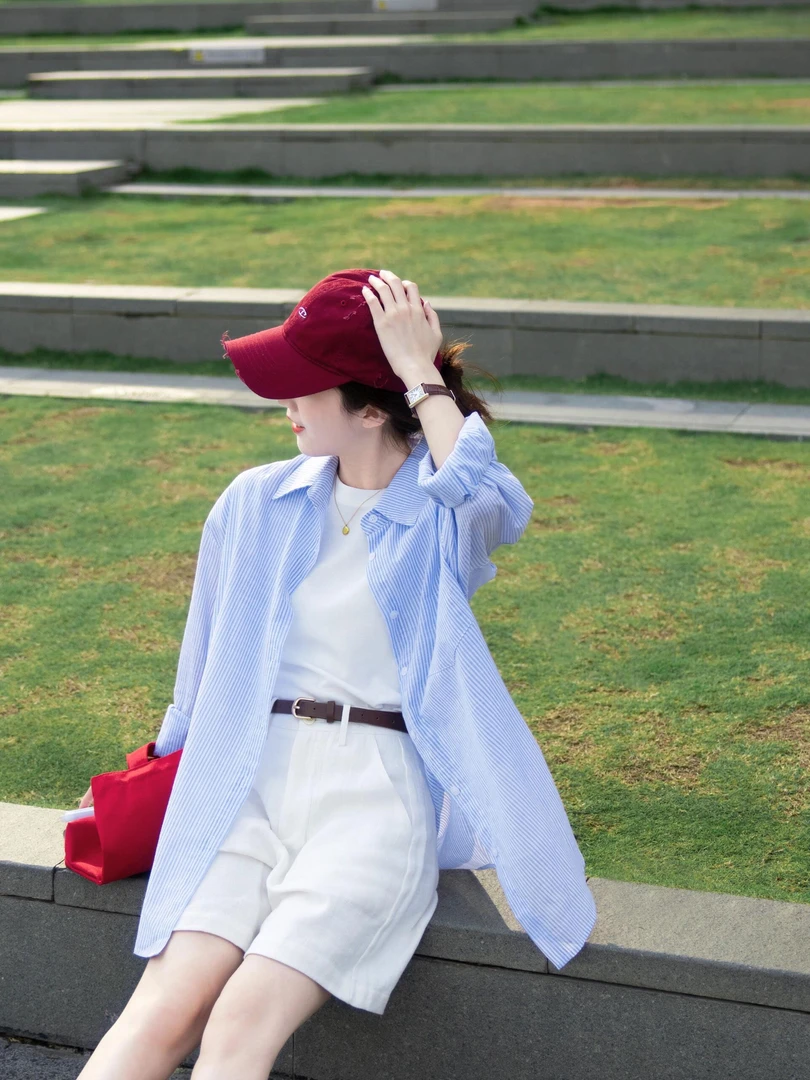 【条纹纪事】小清新气质翻领长袖衬衫夏季新款防晒上衣白色牛仔裤