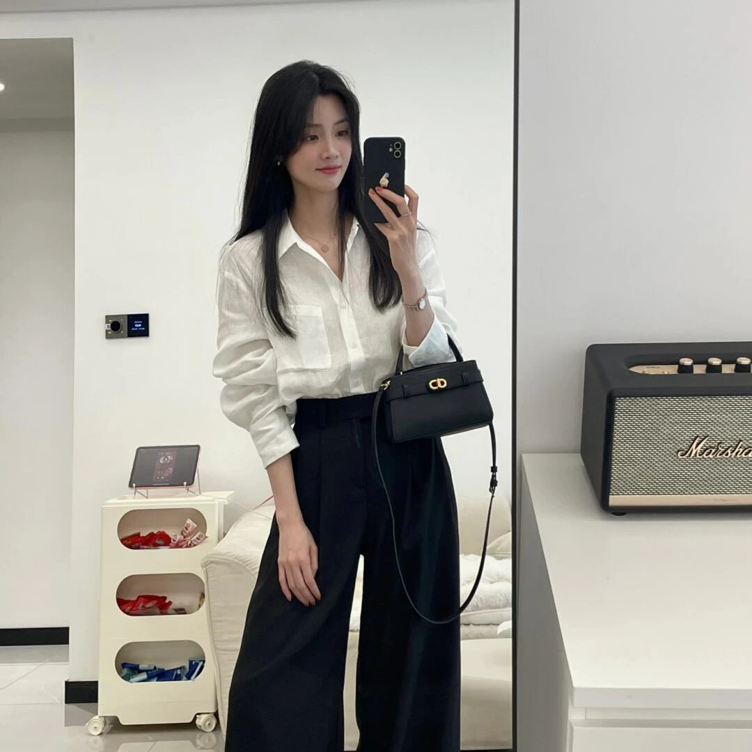 【寻茶归】时尚休闲气质白色衬衫上衣黑色西装阔腿裤两件套