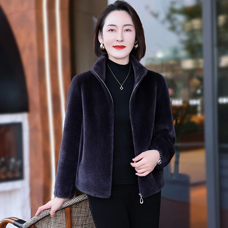 恩狐休闲纯色短款立领外套冬季皮毛一体开衫时尚女款