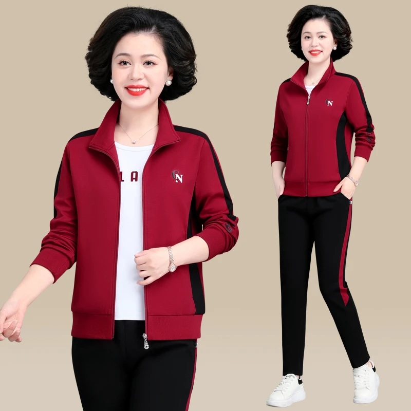 2023年春秋高品质新款中年运动休闲女三件套跑步宽松运动服套装女