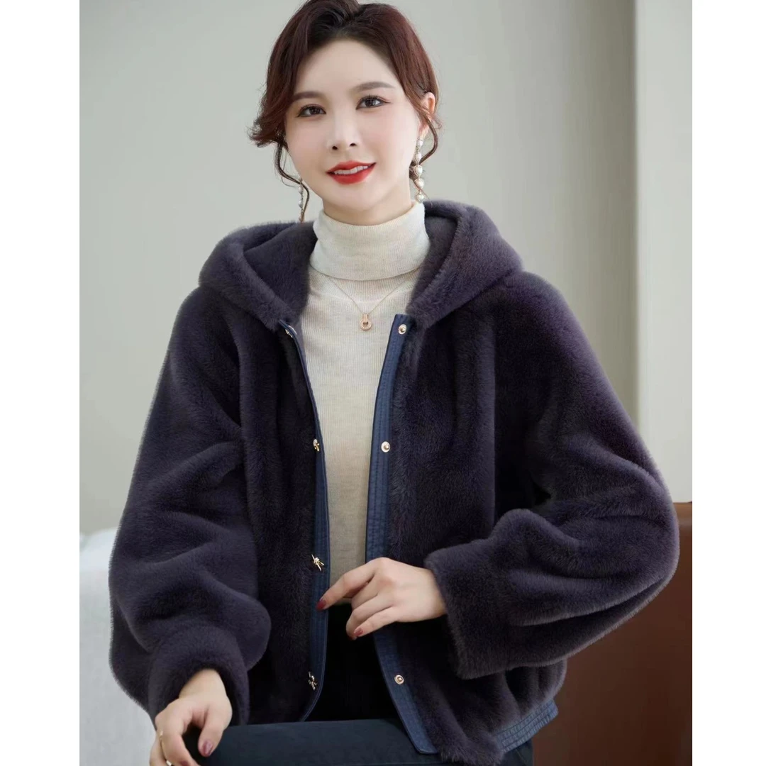 恩狐加厚保暖纯色短款连帽外套女冬季皮毛一体开衫时尚百搭女装