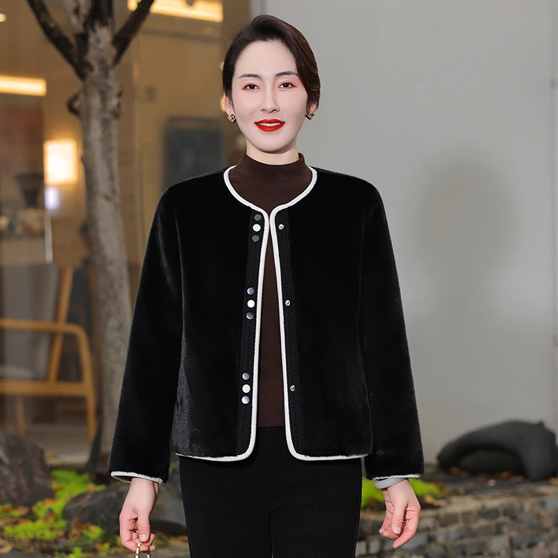 恩狐2024秋冬新款气质时尚开衫圆领休闲百搭保暖皮毛一体外套