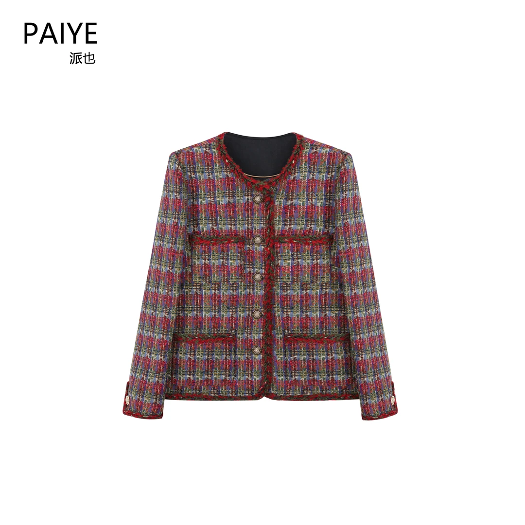 法式新国标90白鸭绒复古气质高雅酒红色小香风外套编织上衣A71829