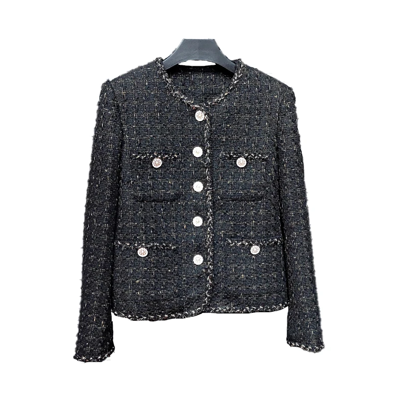 羽绒内胆轻奢高端气质名媛黑色香风粗花呢秋冬重工羽绒外套A60729