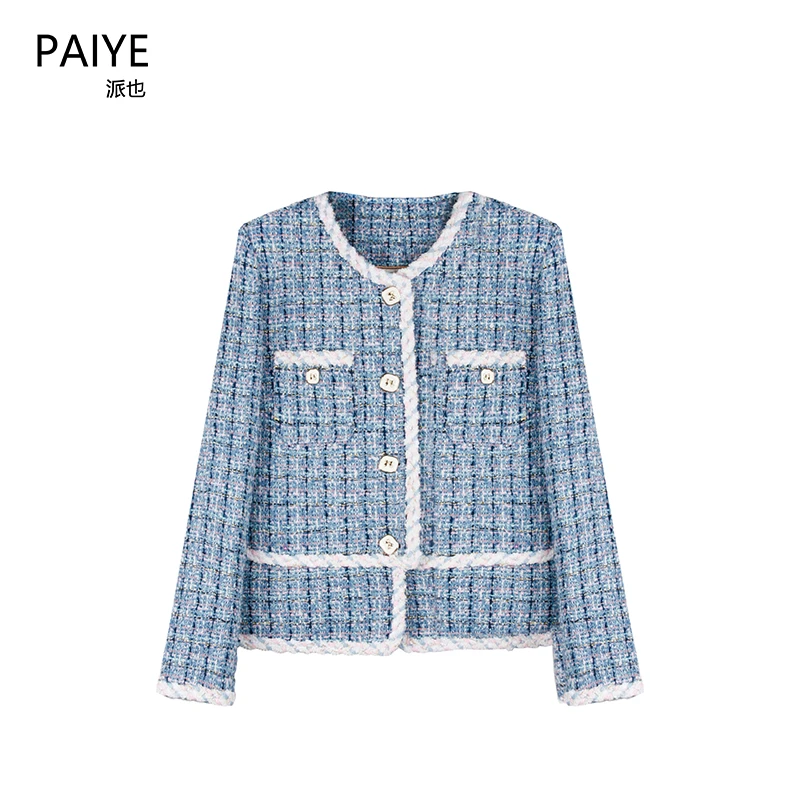 新国标90白鸭绒羽绒内胆重工时尚粗花呢上衣蓝色编织小香风A72073