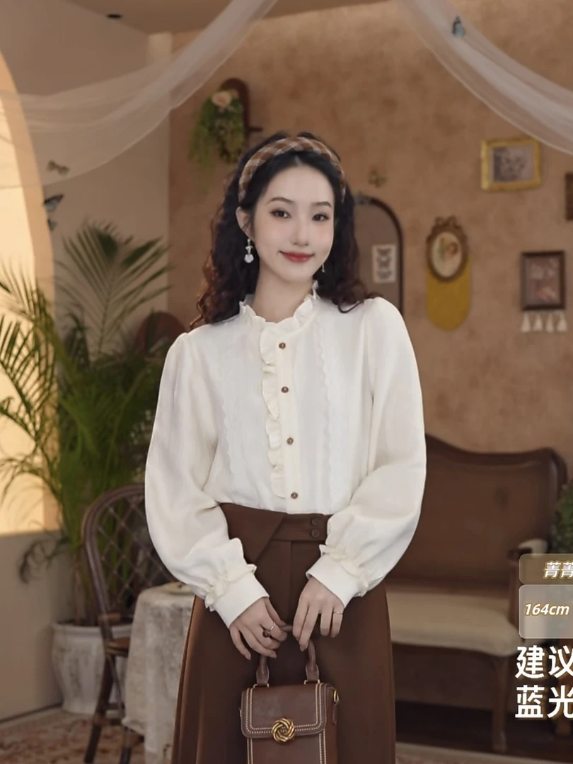 小小港风 秋季复古百搭气质宽松设计感立领长袖衬衫#7409