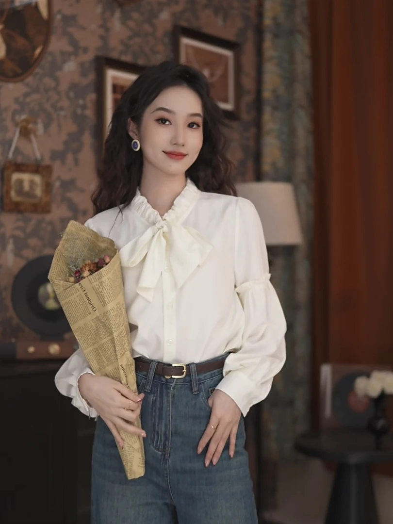 小小港风  春秋白色时尚别致长袖气质小众设计感衬衫衬衣#7127