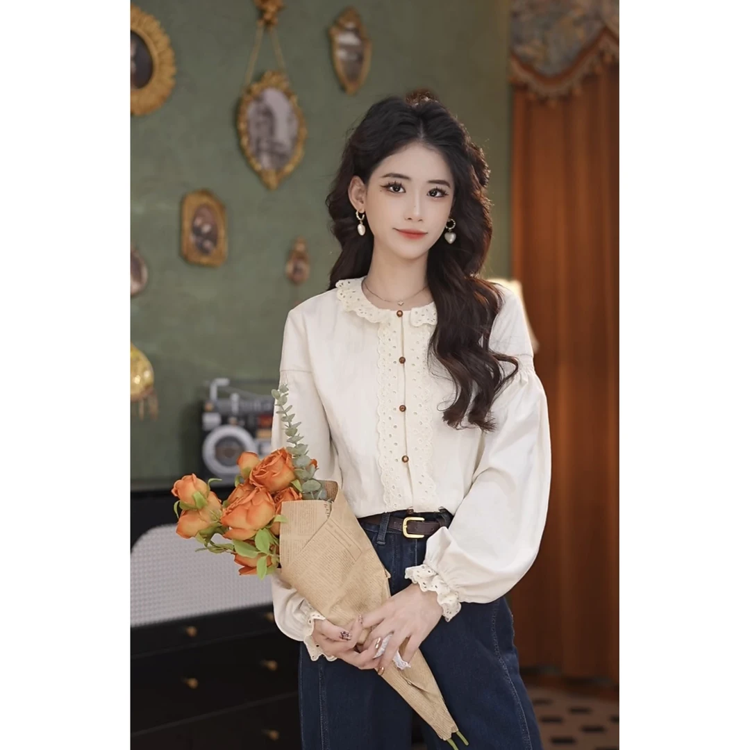 小小港风 秋季法式复古小众白色气质宽松设计感衬衫#7217