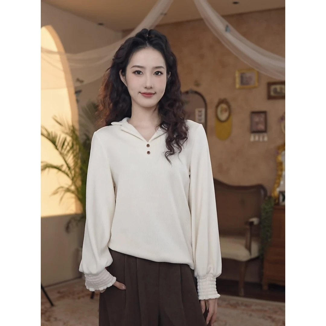 小小港风 秋冬休闲百搭白色纯色简约显瘦针织长袖#7458