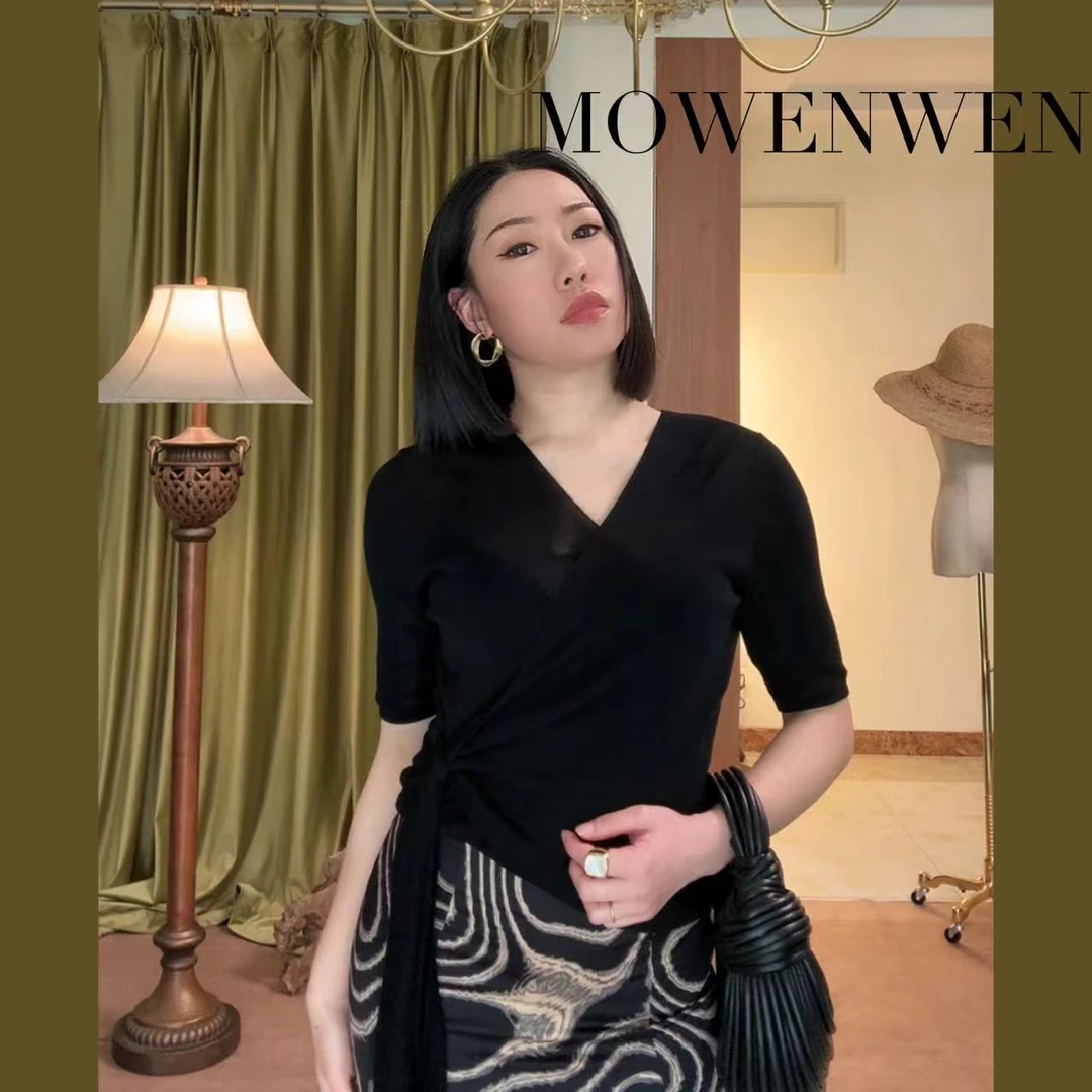 莫文文 纯色莱赛尔纤维绑带V领短袖T恤女夏薄款修身百搭显瘦上衣