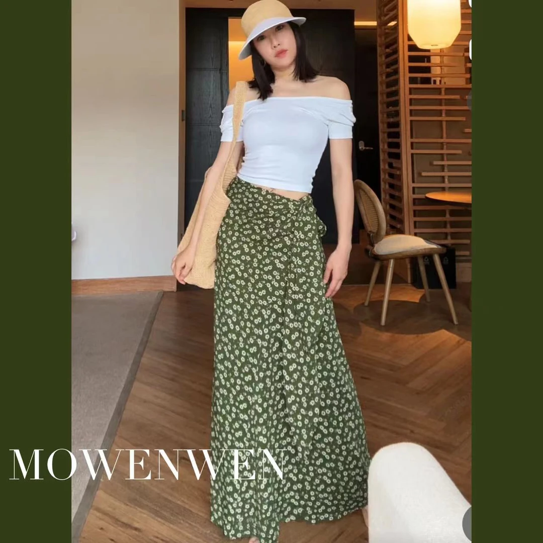 莫文文 绿茶 韩系度假碎花半身裙女夏高腰修身包臀裙绑带a字长裙