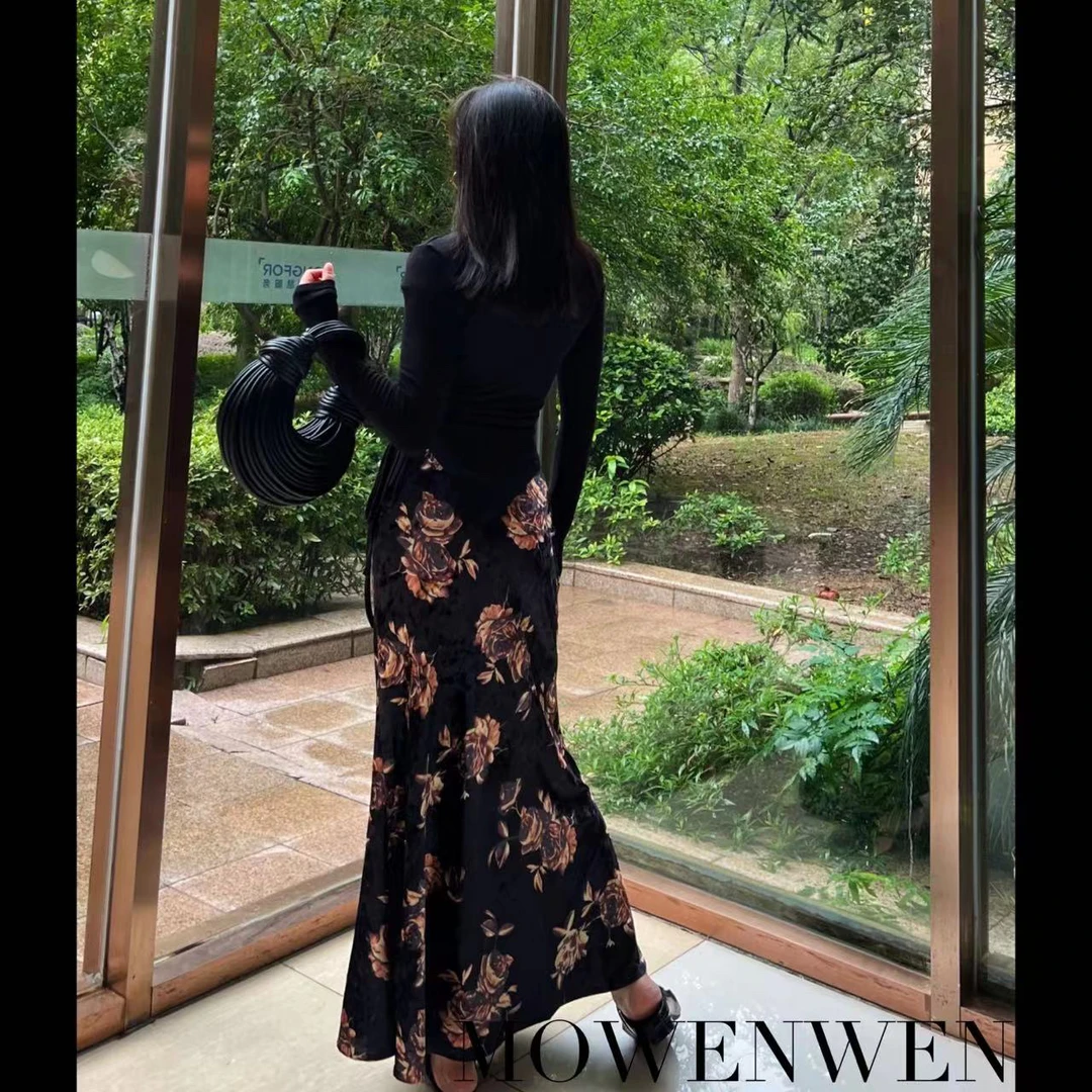 莫文文 秋月 染花丝绒复古修身半身裙女秋冬高腰包臀裙鱼尾裙长裙