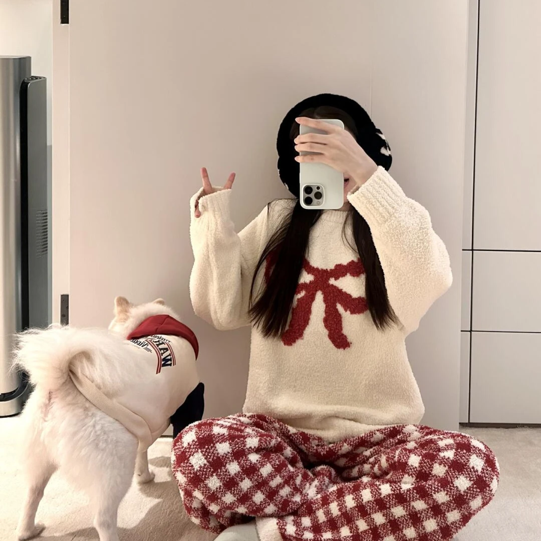 红！圣诞蝴蝶结可外穿睡衣女新年战袍睡冬季半边绒保暖甜美家居服